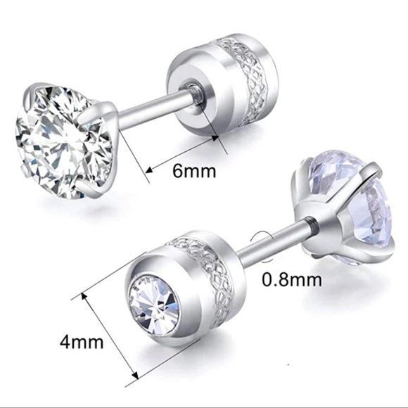 Diamond stud screw on earrings 6mm Hypoallergenic Cubic Zirconia Stainless Steel - Picture 3 of 7